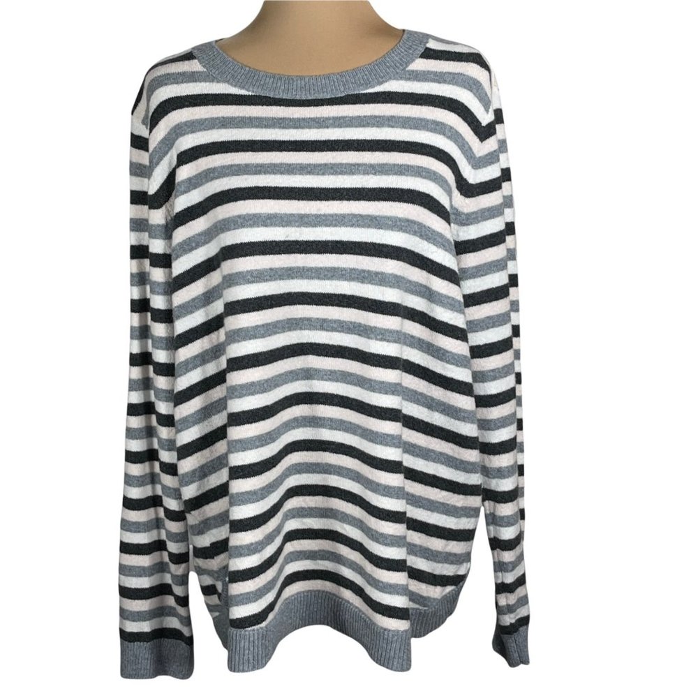 Loft Long Sleeve Crewneck Striped Wool/Cotton blend Sweater Gray XL Extra Large